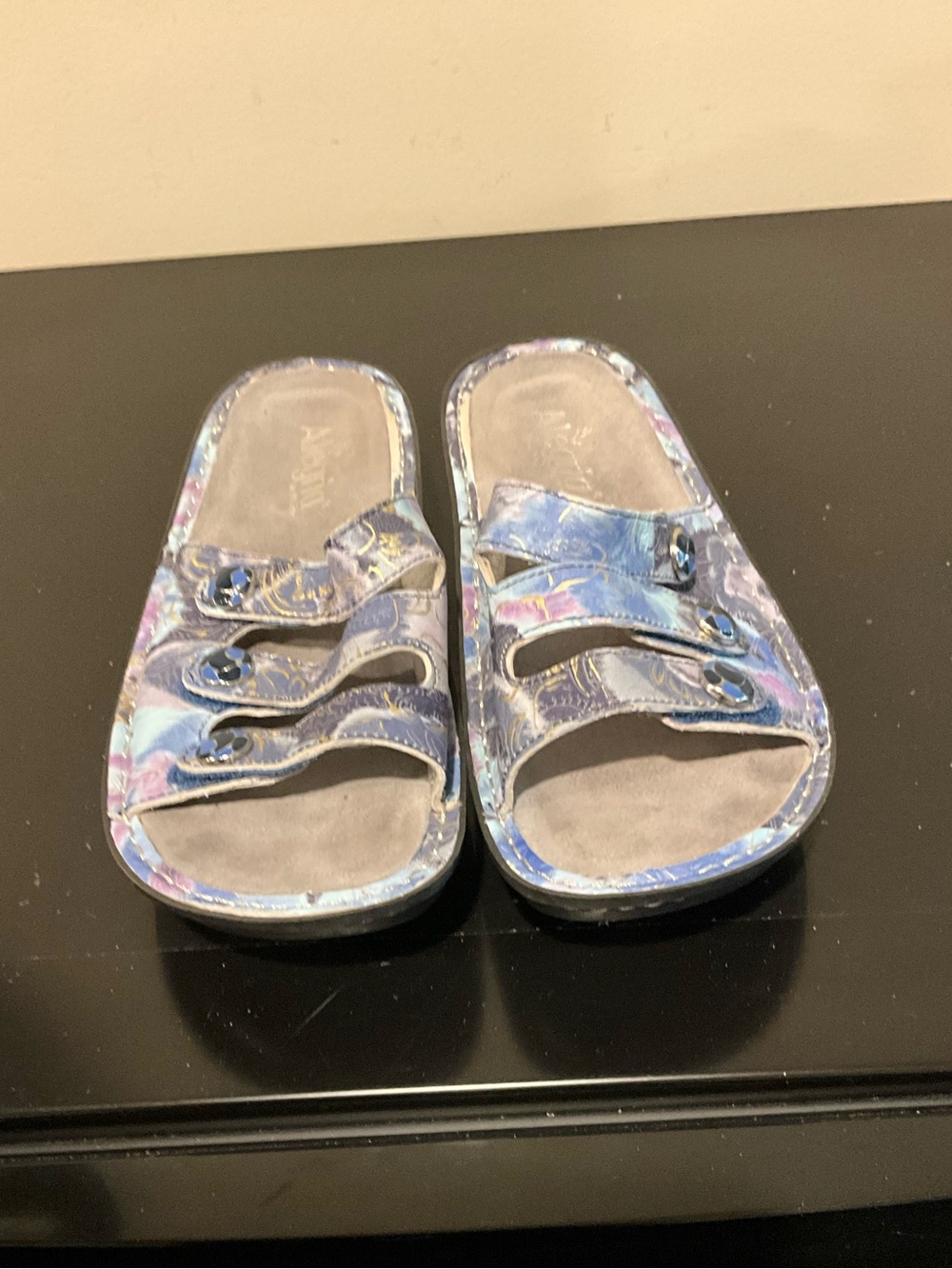 Alegria Multicolor Floral Leather Slide Sandals - Blue, Purple, Pink Size 39